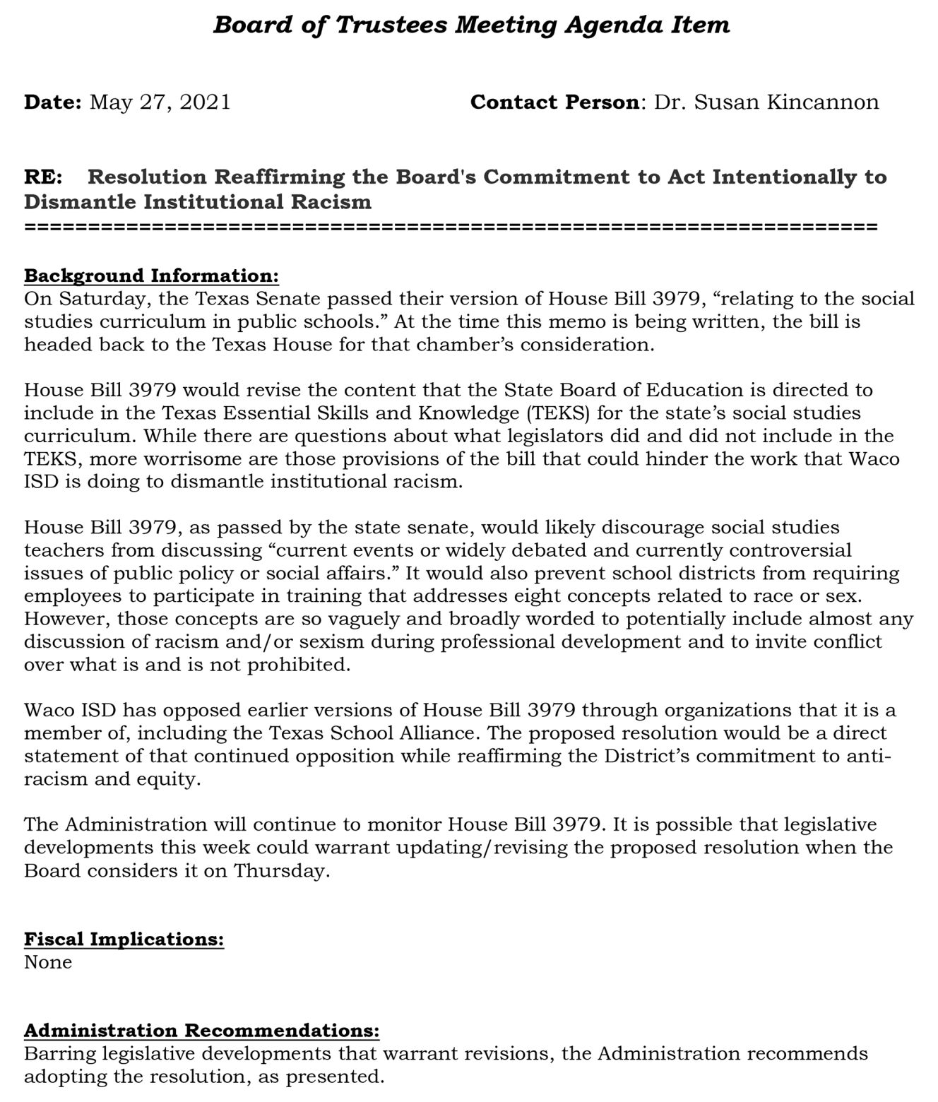 Waco ISD anti-racism recommendation